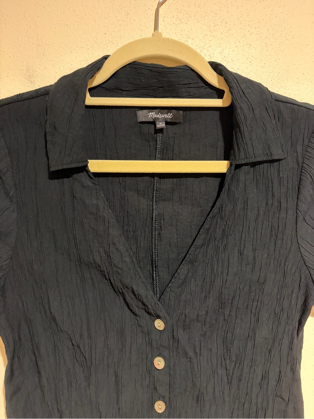 Madewell Notched V-Neck Button-Up Top Short Sleeve Black Size Medium NL056 - Picture 8 of 14